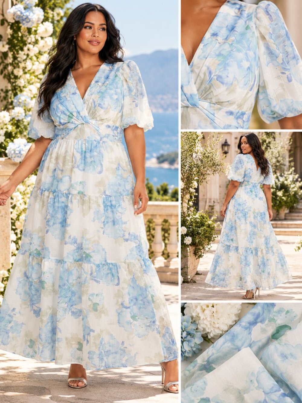 Taylor Plus Size Floral Puff Sleeve Tiered Maxi Dress Blue Ivory 14W NWT
